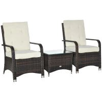 Outsunny Set Mobili da Giardino in Rattan PE con Tavolino e 2 Sedie con Cuscini Sfoderabili, Marrone e Crema(m-10)