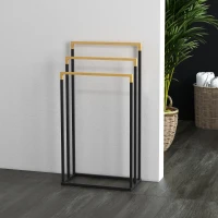 kleankin Porte-serviettes en bambou et acier sur pieds avec 3 barres support pour serviette 45 x 22,5 x 86 cm noir et naturel(m-8)