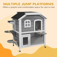 PawHut 2-story Cat House Outdoor, Weatherproof Wooden Cat Enclosure for Feral Cats with Escape Door, Openable Roof, Jumping Platforms, Grey(m-7)