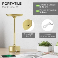 HOMCOM Lampada Senza Filo Touch Luce LED 3 Tonalità e Batteria Ricaricabile, Ø13x28.5cm, Oro(m-4)