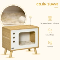 PawHut Cama Cueva para Gatos Estilo Televisor con Cojín Lavable y Bola de Juguete 50x28x43 cm Roble(m-5)
