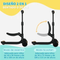 AIYAPLAY Patinete para Niños 2 en 1 con Altura Ajustable Ruedas Brillantes para +18 Meses Carga 50kg 58x31x64-79cm Negro(m-5)