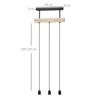 HOMCOM Pendelleuchte, Hängelampe, 3-flammig, höhenverstellbar, Industrial Design, Metall+Holz, schwarz(m-3)