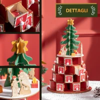 HOMCOM Calendario Avvento di Natale a Cono con Motivi a Tema e 10 Luci a LED, 22x22x35 cm, in Compensato, Rosso Verde e Giallo(m-7)
