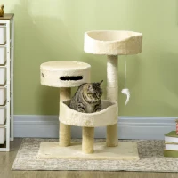 PawHut Kratzbaum für Katzen, 2 Katzenbetten, Katzenspielzeug und Kratzsäulen, 60 cm x 40 cm x 70 cm, Beige(m-2)
