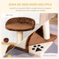 PawHut Árbol Rascador para Gatos Pequeños Altura 46 cm de 2 Niveles Árbol para Gatos con Poste Tablero para Rascar Plataformas y Juguete de Bola Colgante 35,5x37x46 cm Marrón(m-6)