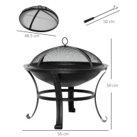 Outsunny Brasero Exterior de Metal Ø56 cm Cuenco de Fuego de Jardín con Tapa Protectora contra Chispas y Atizador para Hogueras Leñas Terraza Camping Fiestas Negro(m-3)
