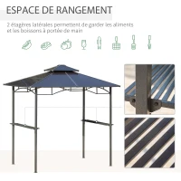 Outsunny Tonnelle jardin 2,4 x 1,5 m - abri barbecuesteakhouse 2 étagères, toit de barbecue alu. métal noir toit polycarbonate(m-5)