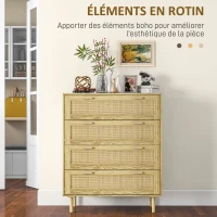 HOMCOM Commode 4 tiroirs meuble de rangement façade tissage en rotin style bohème dim. 90l x 45P x 108,5H cm Aspect Bois Clair(m-4)