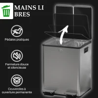 HOMCOM Poubelle de cuisine double, 2 x 20L, 2 couvercles à fermeture douce, seaux intérieurs amovibles et poignées(m-6)