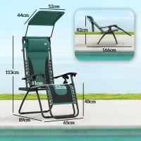 Outsunny Zero Gravity Lounger Chair, Folding Reclining Patio Chair with Shade Cover, Padded Seat, Cup Holder, Soft Cushion and Headrest for Poolside, Camping, Green(m-3)