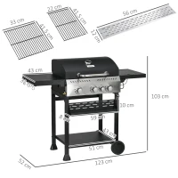 Outsunny Four-Burner Steel Gas Grill, with Thermometer - Black(m-3)