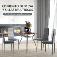 HOMCOM Conjunto Mesa y 4 Sillas de Comedor 5 Piezas Mesa Redonda de Vidrio Templado y 4 Sillas con Patas de Acero Gris(m-4)