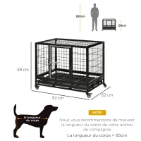 PawHut Cage pour chien animaux cage de transport sur roulettes 2 portes verrouillables plateau amovible 92 x 62 x 75 cm noir(m-3)