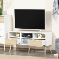 HOMCOM Mueble de TV para Televisiones 50”Mesa para TV de Salón Comedor Moderna con 2 Cajones y 4 Compartimentos Patas de Madera Antivuelco 117x39x57 cm Blanco y Madera Natural(m-7)