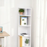 HOMCOM Scaffale Angolare da Parete in Legno Bianco, Mobile Libreria con 5 Ripiani e Armadietto Giallo, Design Moderno, 29.8x29.9x147cm(m-7)
