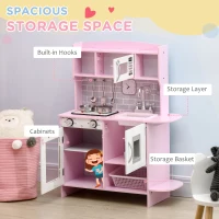 HOMCOM Kids Kitchen Playset, with Lights, Sounds, Microwave, Sink and Storage - Pink(m-7)