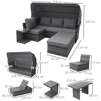 Outsunny 5 PCS Outdoor Rattan Wicker Sofa Sets Reclining Sofa Adjustable Canopy & Side Table Dining Table Set Sectional Conversation Furniture w/ Cushions, Mixed Grey(m-3)
