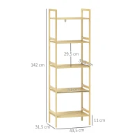 HOMCOM Bambus-Badezimmerregal mit 5 Ebenen, Aufbewahrungsregal mit verstellbaren Regalböden, 43,5 x 31,5 x 142 cm, Naturholz(m-3)