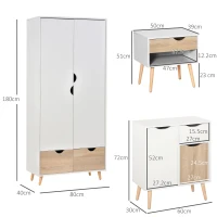 HOMCOM Bedroom Furniture Set, Wardrobe with Hanging Rail, Bedside Table, Floor Cabinet with Storage, Nature Wood Finish and White(m-3)