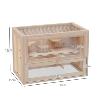 PawHut Jaula para Hámster de Madera de 2 Niveles Casa para Animales Pequeños con Plataformas Escaleras 60x35x42 cm Madera Natural(m-3)