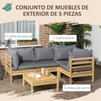 Outsunny Conjunto de Muebles de Jardín de Madera 5 Piezas 4 Módulos de Sofá con Cojines y Mesa de Centro para Exterior Natural(m-4)