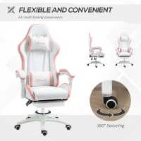 Vinsetto Computer Gaming Chair, PU Leather Office Desk Chair with Footrest, Swivel Wheels, 135° Reclining Back, Lumbar Support, Headrest for Home, White and Pink(m-6)