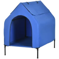 PawHut Caseta para Perros Grandes 130x85x121 cm Cama Elevada para Mascotas con Cubierta Desmontable y Ventanas de Malla Azul(m-10)