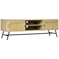 HOMCOM Meuble TV 2 portes cannage en rotin 2 niches avec 2 passe-câbles - pieds métal noir 150 x 39 x 48,3 cm naturel(m-10)