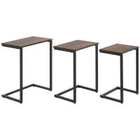 HOMCOM Nesting Side Tables Set of 3, C-Shaped Snack Side Tables with Steel Frame for Sofa Couch and Bed, Rustic Brown(m-1)