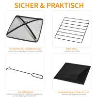 Outsunny 3-in-1 Feuerschale Feuerkorb Feuerstelle mit Funkenschutz Grillrost Eiskübel Garten BBQ Schwarz 76cm x 76cm x 47cm(m-5)