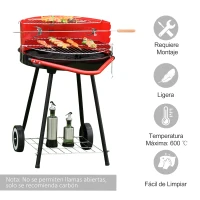 Outsunny Parilla para Barbacoa de Carbón con Rejilla a Diferentes Alturas Parilla de Calentamiento con Estante Redondo para Almacenaje 51x70x75,5 cm Rojo y Negro(m-4)