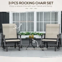 Outsunny Set of 3 Gliding Chair & Tea Table Set, Outdoor Rocker Set with 2 Armchairs, Tempered Glass Tabletop, Khaki(m-4)