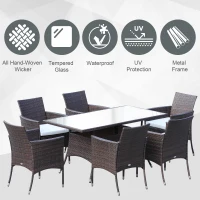 Outsunny 6 Seater Rattan Dining Set with Cushions, Rattan Garden Furniture Set with 6 Armchairs, Rectangular Glass Top Table, Outdoor Dining Table and Chairs, Brown(m-4)