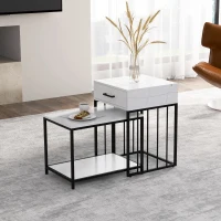 HOMCOM Juego de 2 Mesas de Centro Modernas con Encimera de Mármol Estante y Cajón para Salón 45x42x63,5 cm y 40x60x45 cm Blanco(m-2)