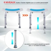 HOMCOM Siège de Douche réglable en Hauteur Tabouret de Douche Ergonomique Pieds antidérapants Charge Max. 135 Kg alu HDPE Blanc Bleu(m-6)