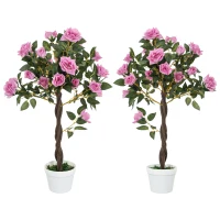 Outsunny Set of 2 Artificial Plants White Rose Floral in Pot, Fake Plants for Home Indoor Decor, 90cm, Purple(m-11)