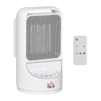 HOMCOM Calefactor Cerámico Portátil 2 Niveles de Potencia 750W/1500W con Mando a Distancia Temporizador de 12H 3 Modos de Viento y 45° Oscilación Silencioso Ø15x28 cm Blanco(m-1)