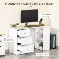 HOMCOM Schreibtisch Computertisch Bürotisch Arbeitstisch Regal mit 3 Schubladen Regale Weiß 120 x 49 x 72 cm(m-4)
