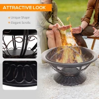Outsunny Metal Large Firepit Bowl Outdoor Round Fire Pit Brazier w/ Lid, Log Grate, Poker, Elegant Scrolls for Backyard, Camping, Bonfire, Wood Burning Stove, 76 x 76 x 50cm, Black(m-6)
