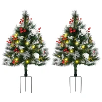 HOMCOM Sapin de Noël artificiel hauteur 75 cm aspect enneigé - lot de 2 sapins LED - 8 modes d'éclairage - 70 branches - décoration incluse - usage extérieur intérieur(m-10)