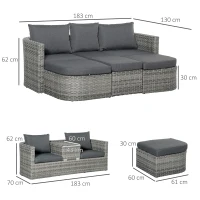 Outsunny 3 Piece Rattan Garden Furniture Set with Cushions, Patio Wicker Conversation Double Chaise Lounge Furniture Set with Convertible Middle Table, Mixed Grey(m-3)