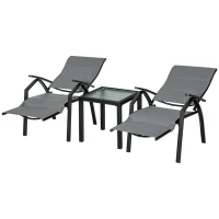 Outsunny Set da Giardino con 2 Sedie a Sdraio Reclinabili Imbottite e Tavolino in Vetro, Grigio(m-10)