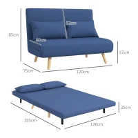 HOMCOM Sofá Cama de 2 Plazas Tapizado en Lino con Respaldo Ajustable en 5 Posiciones y 2 Almohadas 120x75x85 cm Azul Oscuro(m-3)