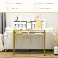 HOMCOM Mesa de Entrada con Estante Cesta de Almacenamiento y Marco de Acero Mueble Recibidor 100x30x80 cm Oro y Blanco(m-6)