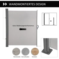 Outsunny Seitenmarkise 300 x 160 cm Sicht- und Sonnenschutz Seitenrollo für Balkon Terrasse UV50+ Polyester Grau(m-6)