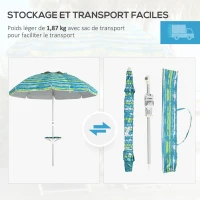 Outsunny Parasol de plage inclinable rond Ø 190 cm - table avec porte-gobelet - sac de transport inclus, protection UV50+(m-7)