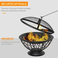 Outsunny Brasero cheminée Foyer extérieur Rond avec Grille, Couvercle Pare-étincelles, tisonnier et Housse Protection métal dim. Ø 76 x 50H cm Noir(m-6)