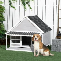 PawHut Hundehütte mit Veranda, wetterbeständig, behandeltes Tannenholz, 3 Fenster, Hellgrau + Weiß(m-2)