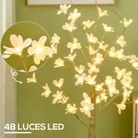 HOMCOM Árbol de Flor de Cerezo con 48 Luces LED IP44 en Blanco Cálido Decoración para Interiores 18x18x120 cm Caqui(m-4)